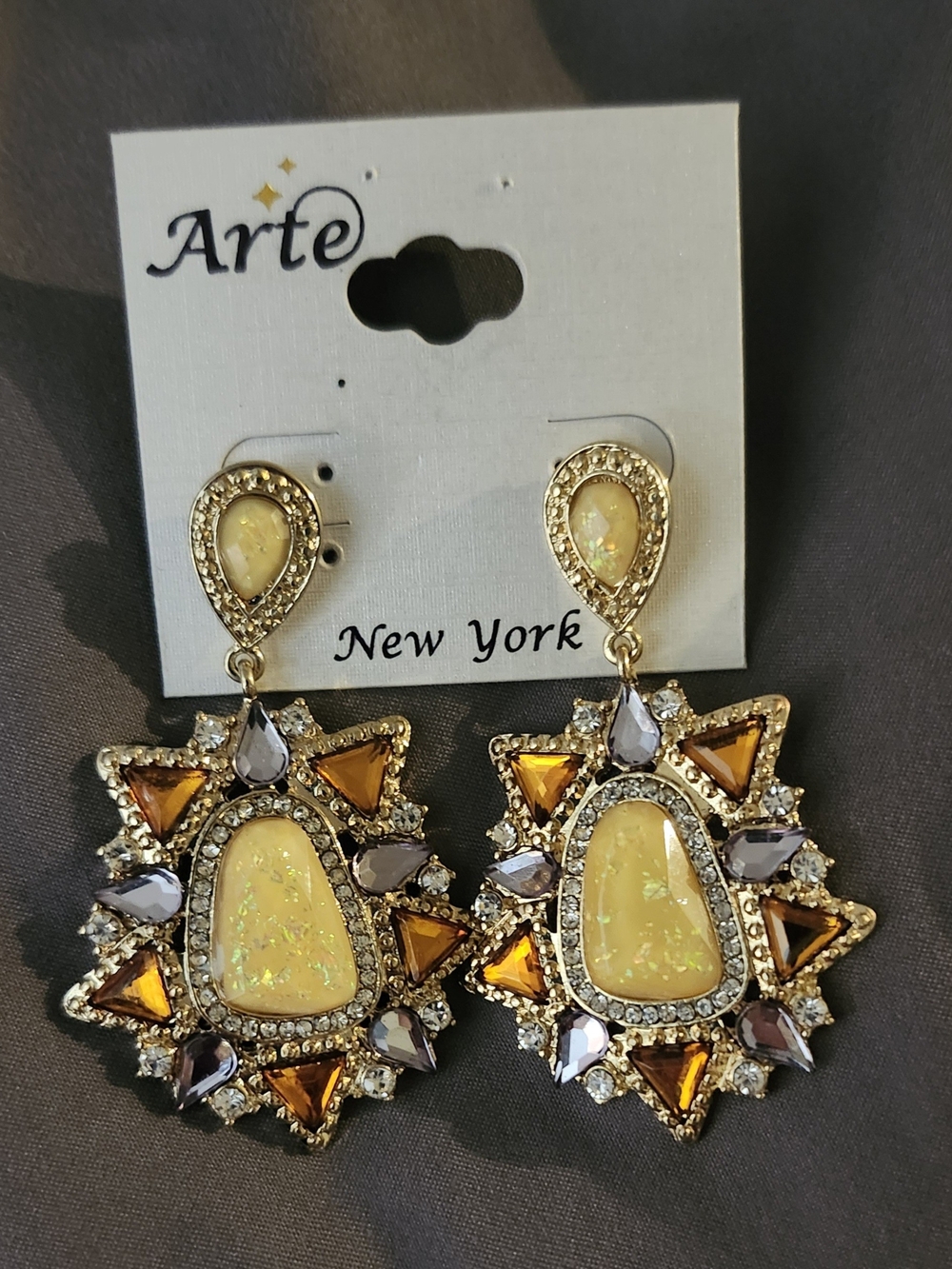 Gold-Tone Yellow Opal Sunburst Drop Earrings